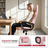 Ergonomic pink office chair with removable head pillow, soft-padded armrests, and rocking function for comfort and support.