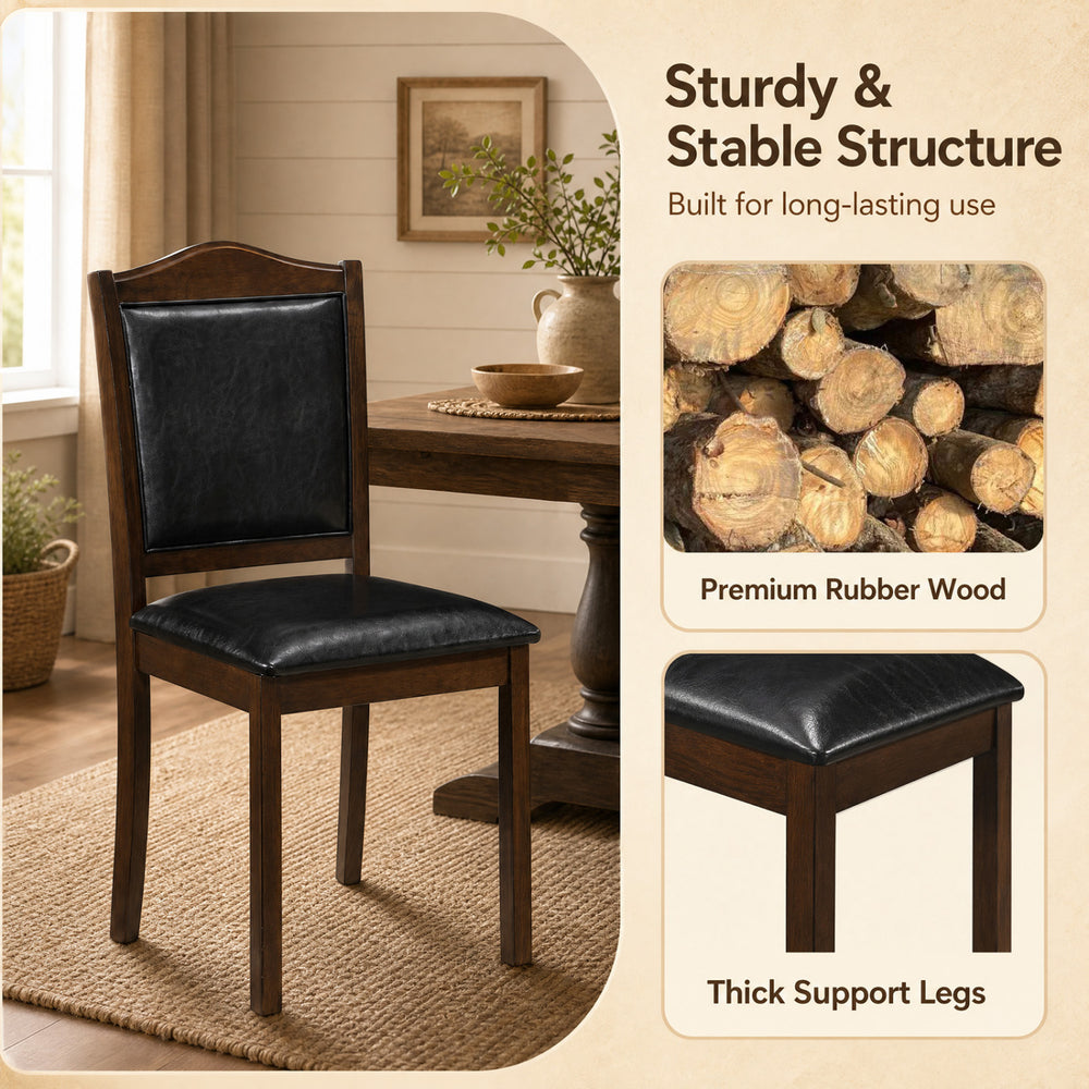 Faux leather upholstered wooden dining chair in walnut with a sturdy rubber wood frame and thick padding for comfort.