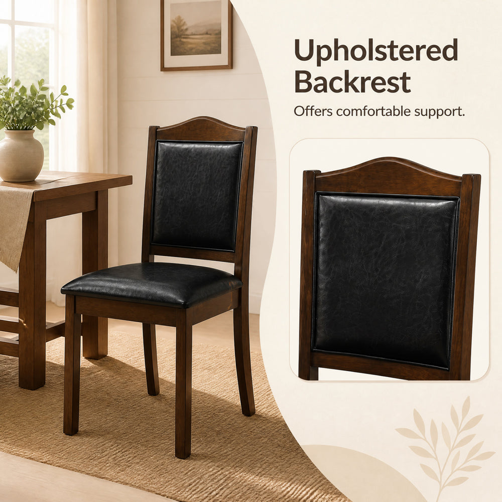 Faux leather upholstered wooden dining chair with a walnut finish and comfortable backrest for rustic dining spaces.