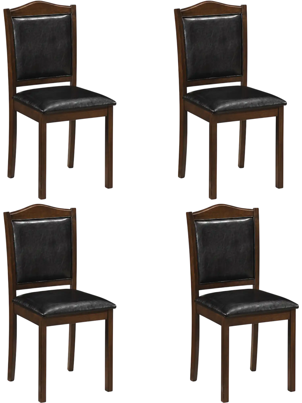 Set of 4 walnut wooden dining chairs with faux leather upholstery and padded seats for comfortable dining experiences.