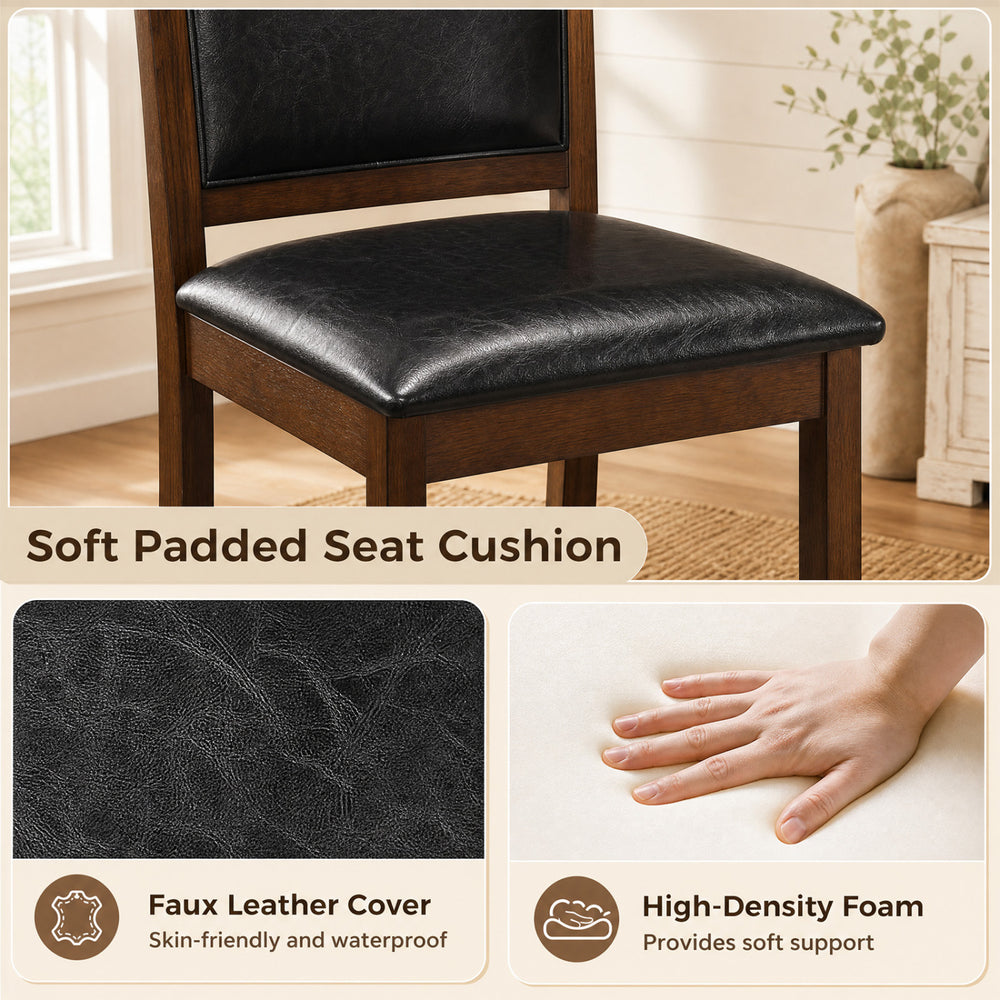 Soft padded seat cushion of a walnut farmhouse dining chair, featuring waterproof faux leather and high-density foam for comfort.