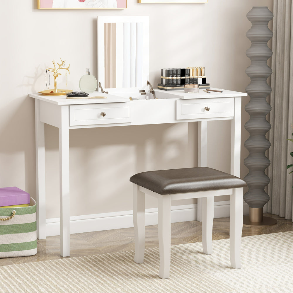 Gray faux leather vanity stool set of 2 with solid wood frame, ideal for makeup rooms and living spaces.