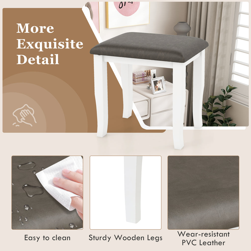 Gray faux leather vanity stool with sturdy white wooden legs, ideal for makeup rooms and living rooms. Easy to clean.