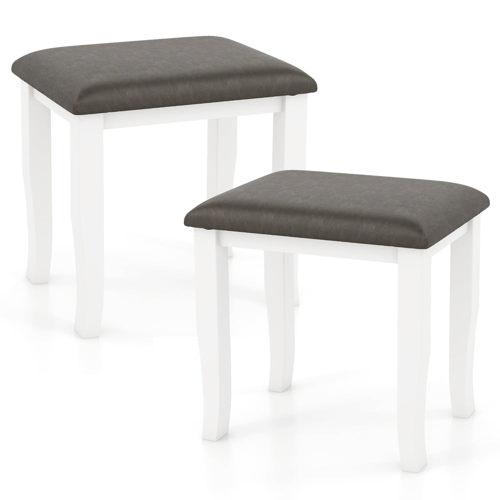 Gray faux leather vanity stool with soft cushion and anti-slip foot pads, perfect for makeup rooms and versatile use.