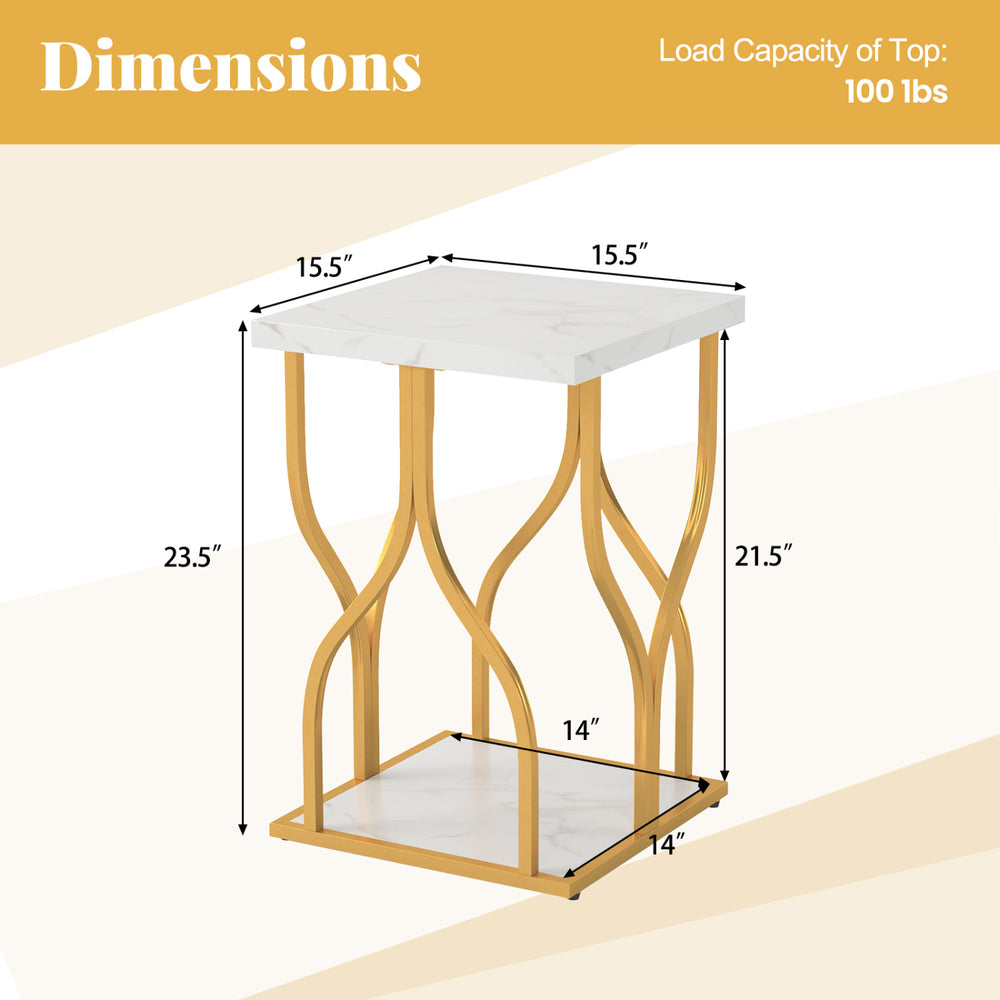 Faux marble bedside nightstand with petal-inspired metal frame, featuring a square top and bottom shelf for added.