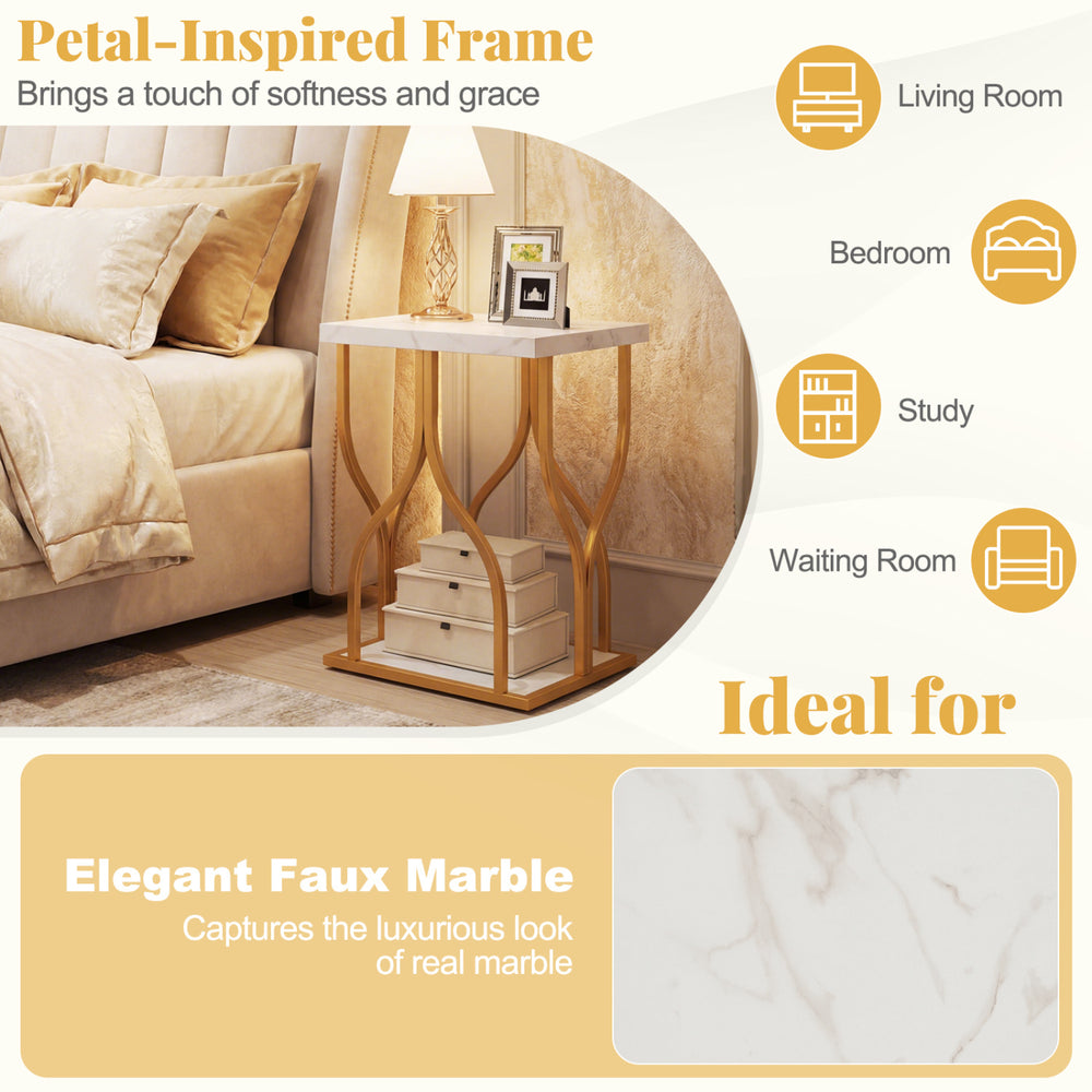Faux marble bedside nightstand with petal-inspired metal frame, featuring a square tabletop and bottom shelf for.