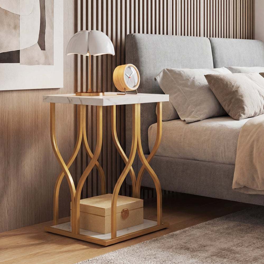 Faux marble bedside night stand with petal-inspired metal frame, showcasing its elegant design and robust construction.
