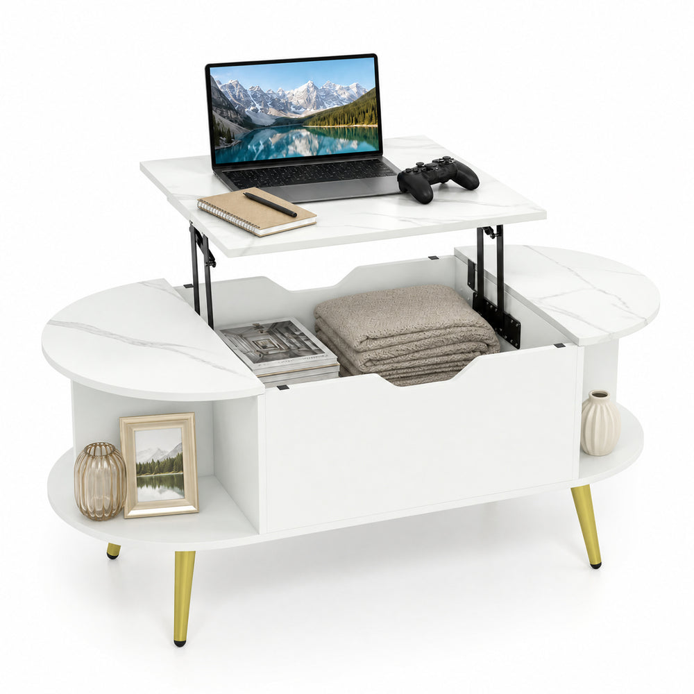 Faux marble lift top coffee table in white features a hidden compartment and side shelves for versatile storage solutions.