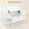 Dimensions of the white faux marble lift top coffee table featuring a hidden compartment and side shelves for storage.
