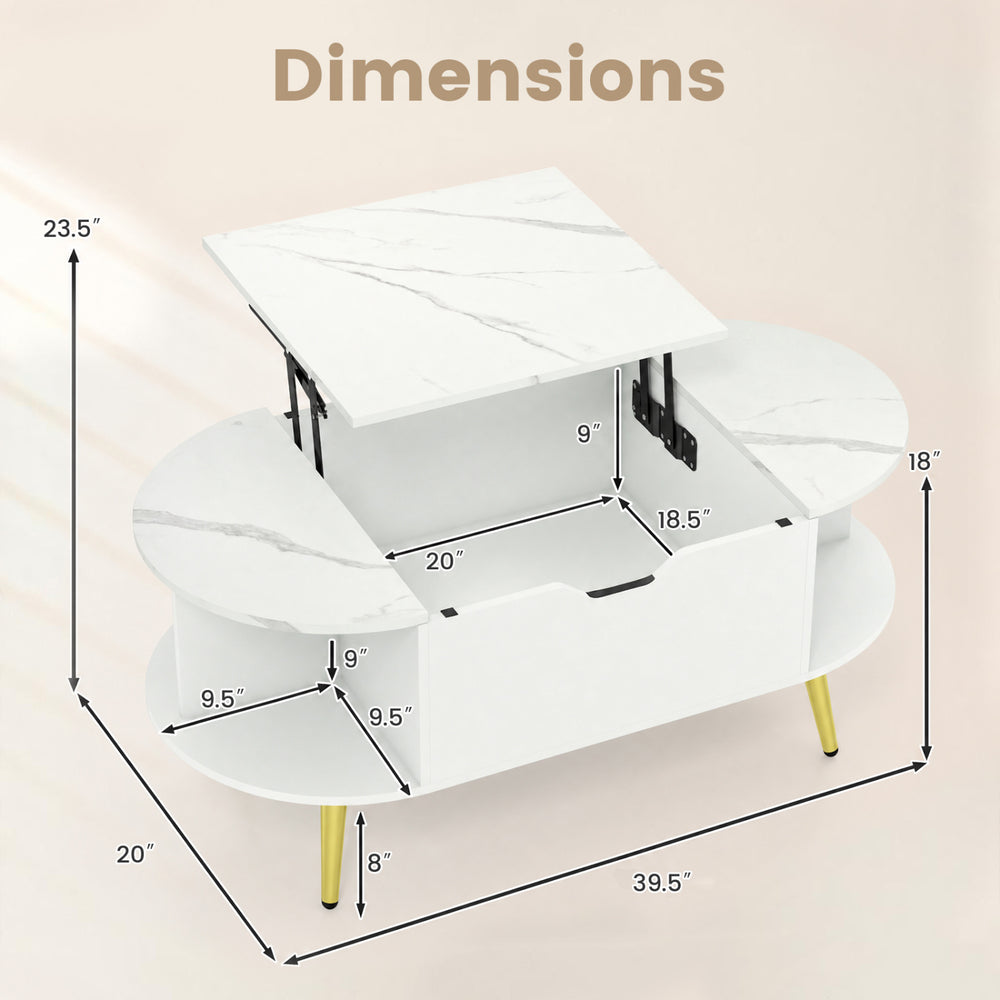 Dimensions of the white faux marble lift top coffee table featuring a hidden compartment and side shelves for storage.