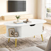 Faux marble lift top coffee table in white features hidden storage and shelves, perfect for living room use.