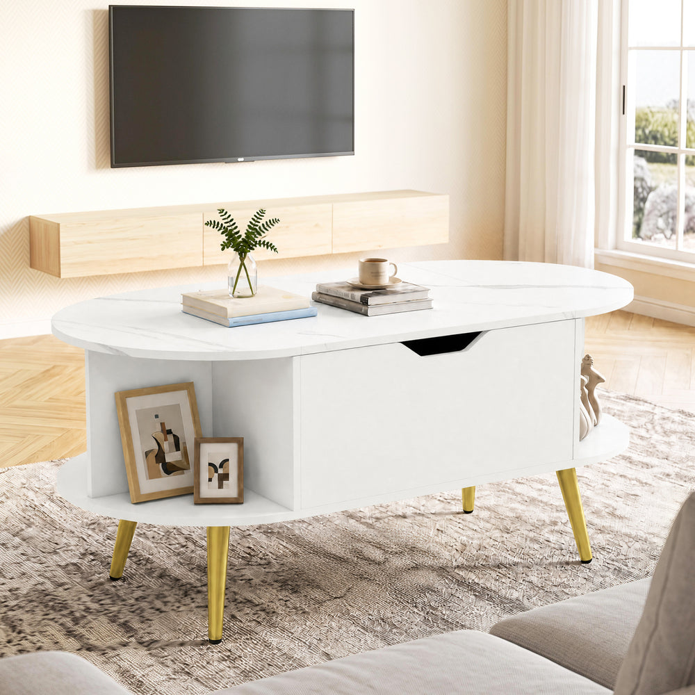 Faux marble lift top coffee table in white features hidden storage and shelves, perfect for living room use.