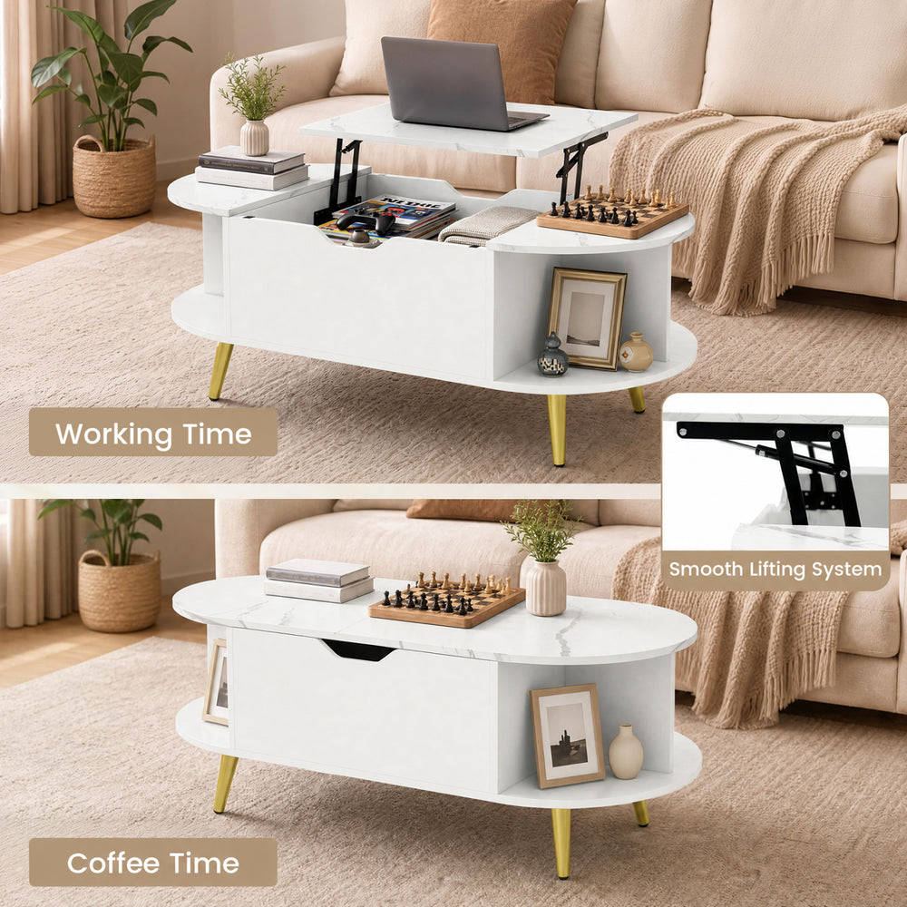 Faux marble lift top coffee table in white features a hidden compartment and shelves, perfect for working or coffee time.