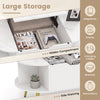 Faux marble lift top coffee table with hidden compartment and side shelving for large storage in a stylish white finish.