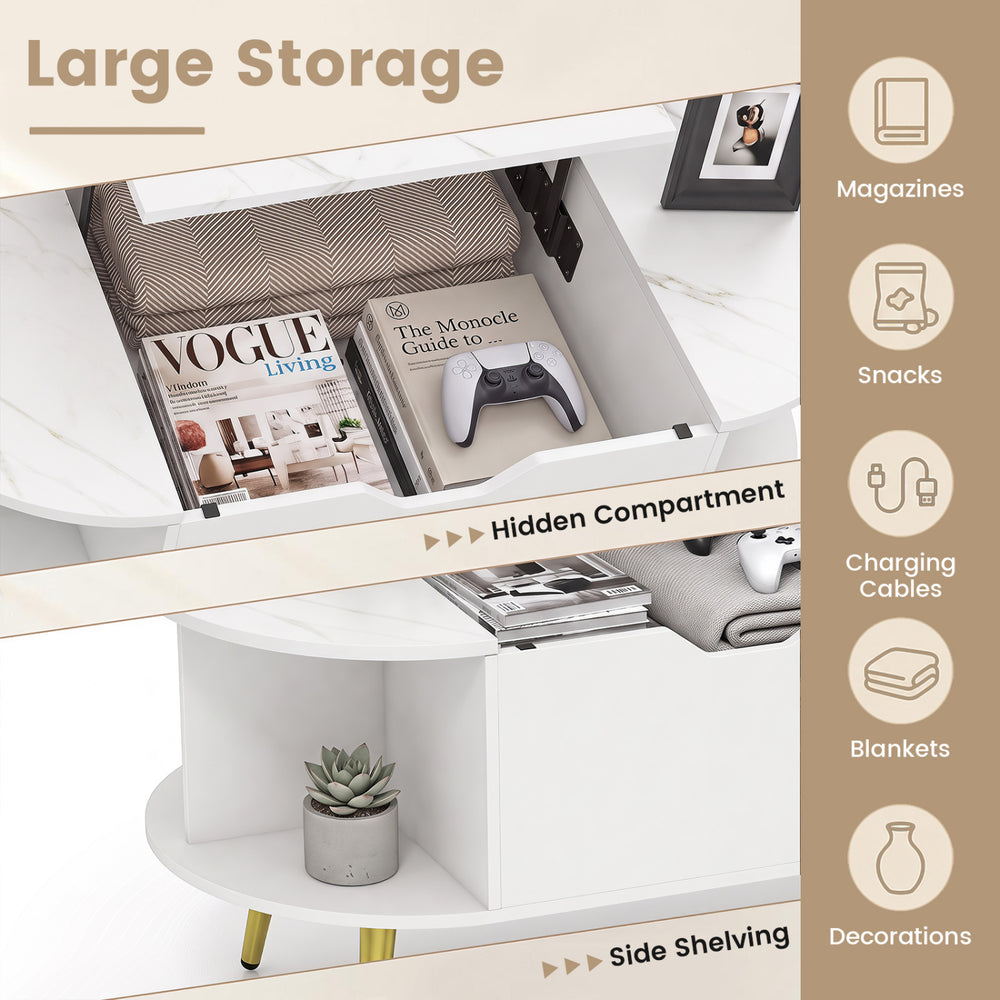 Faux marble lift top coffee table with hidden compartment and side shelving for large storage in a stylish white finish.