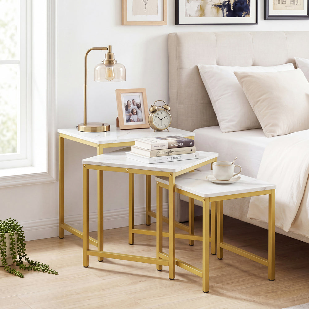 Faux marble nesting table set of 3 with a robust metal frame, ideal for enhancing elegance in any room.