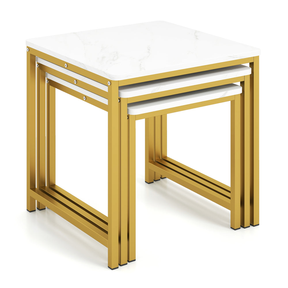 Faux marble nesting table set of 3 with a robust metal frame, perfect for adding elegance to any living space.