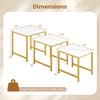 Dimensions of the set of 3 white faux marble nesting tables with a sturdy metal frame, ideal for versatile room use.