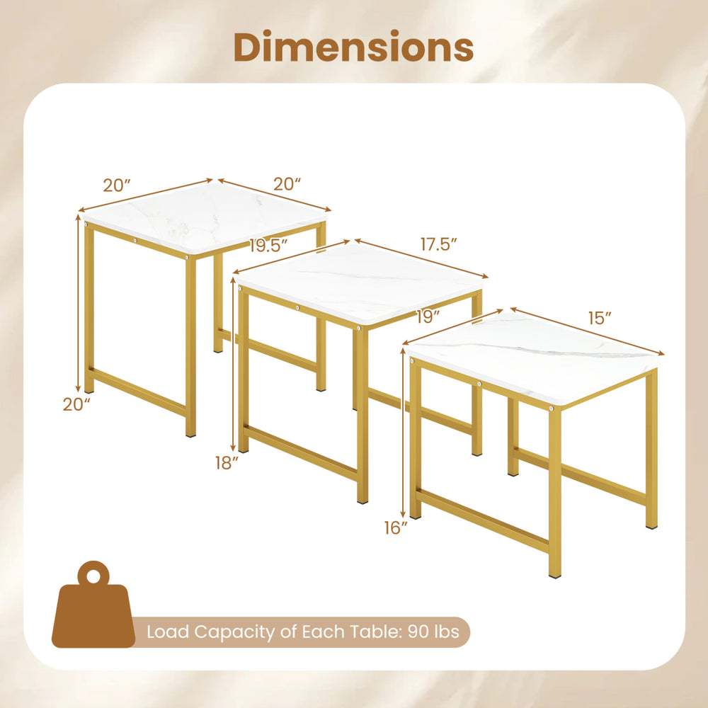 Dimensions of the set of 3 white faux marble nesting tables with a sturdy metal frame, ideal for versatile room use.