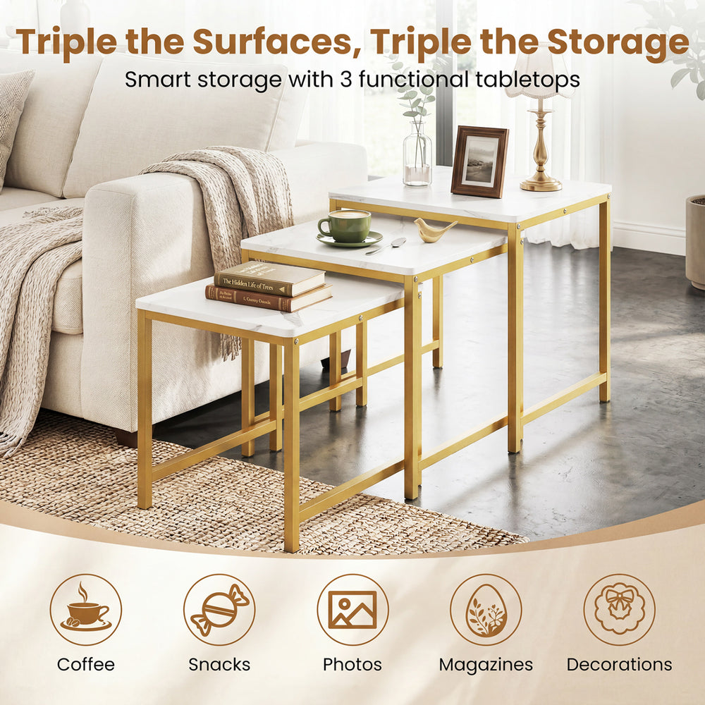 Faux marble nesting table set of 3 with a sturdy metal frame, perfect for living room storage and decor.