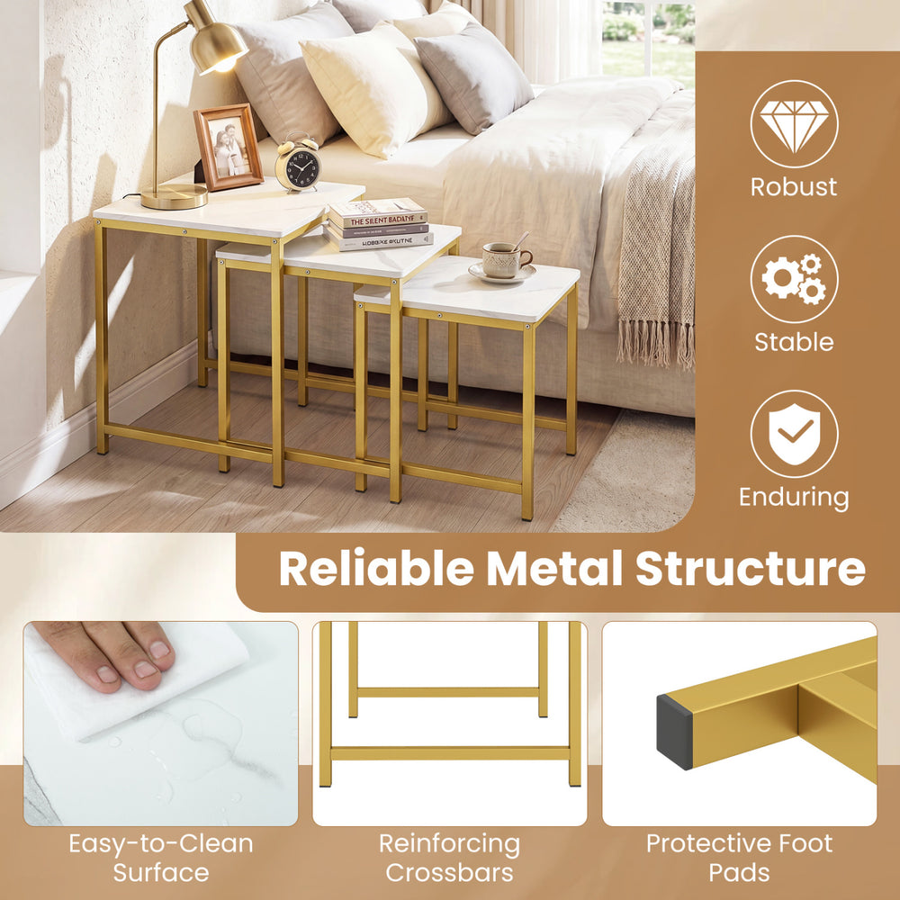 Faux marble nesting table set of 3 with a robust metal frame, perfect for maximizing space in any room.