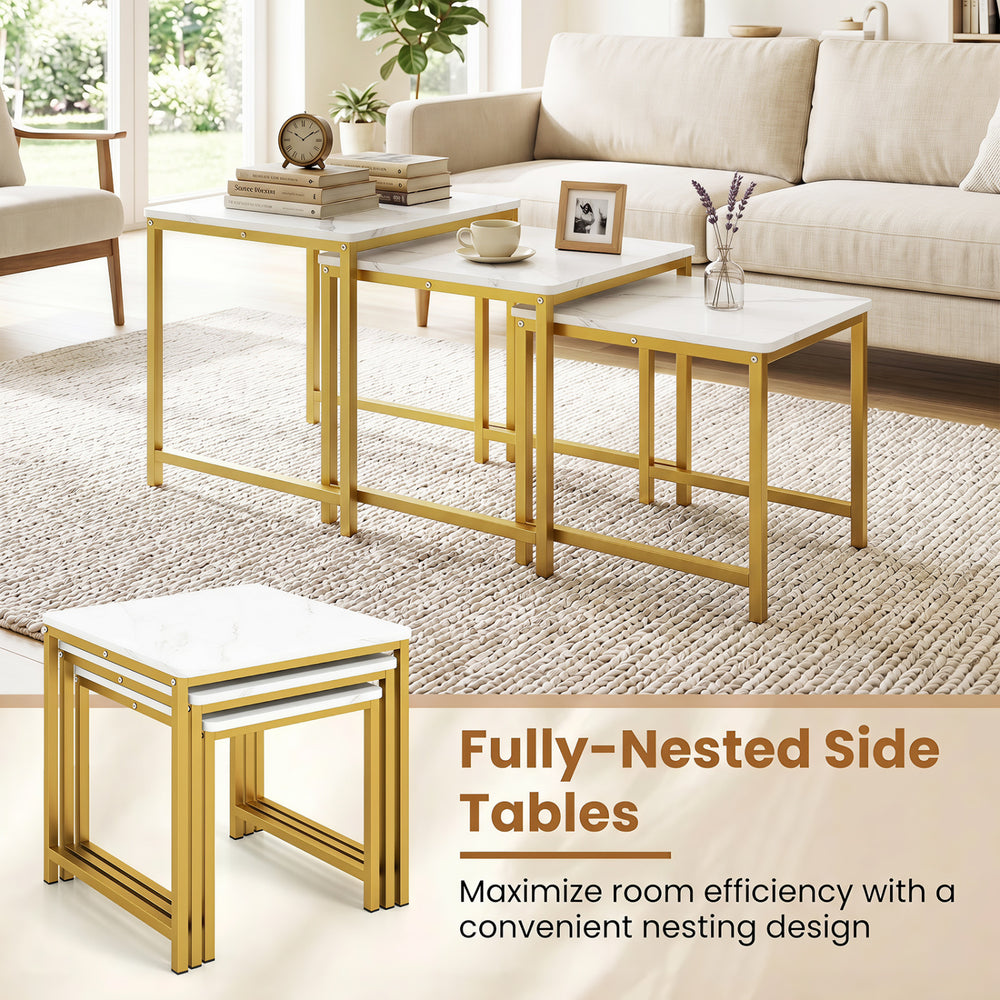 Faux marble nesting table set of 3 with a durable metal frame, perfect for maximizing space in any room.