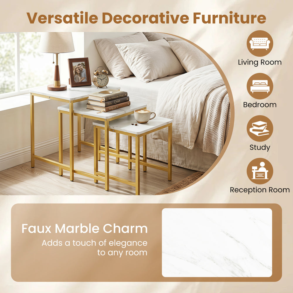 Faux marble nesting table set of 3 with a sturdy metal frame, perfect for adding elegance to any living space.