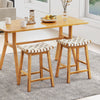 Set of 2 acacia wood bar stools with woven PU leather seats, 25.5 inches tall, perfect for dining or kitchen use.