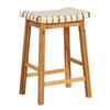 Curved woven PU leather bar stool with acacia wood frame, 25.5 inches high, ideal for dining rooms and kitchens.