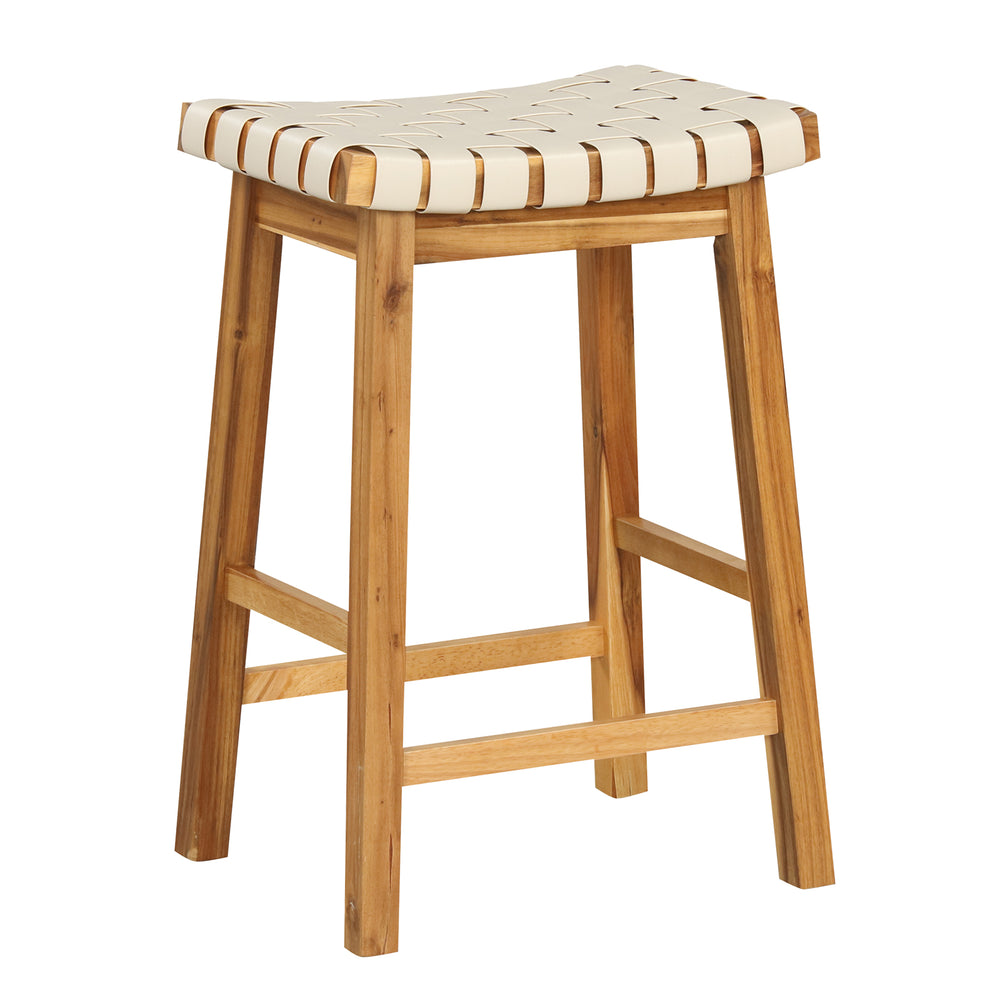 Curved woven PU leather bar stool with acacia wood frame, 25.5 inches high, ideal for dining rooms and kitchens.