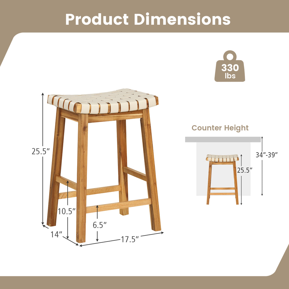 Counter height bar stool with woven PU leather seat and acacia wood frame, ideal for dining or kitchen use.