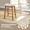 Woven PU leather bar stool with acacia wood frame, 25.5 inches tall, perfect for dining rooms and kitchens.