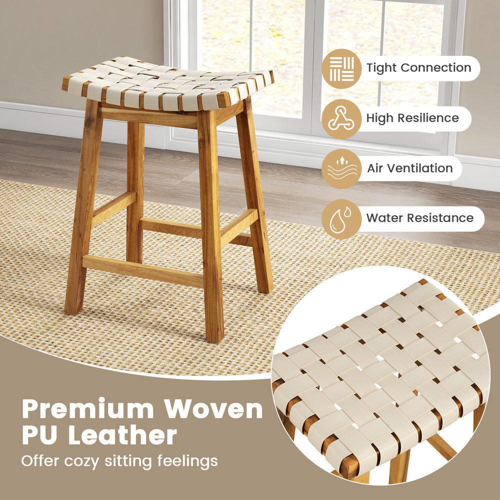 Woven PU leather bar stool with acacia wood frame, 25.5 inches tall, perfect for dining rooms and kitchens.