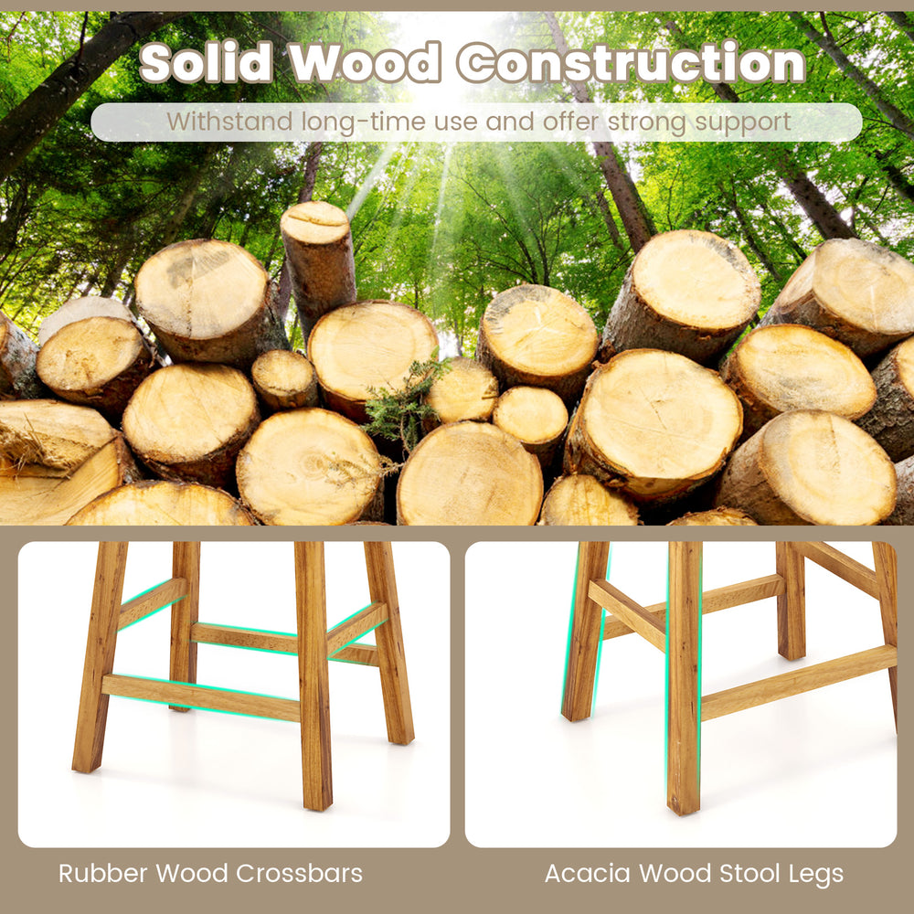 Faux PU leather bar stool set of 2 with woven curved seat and acacia wood frame, ideal for dining and kitchen use.