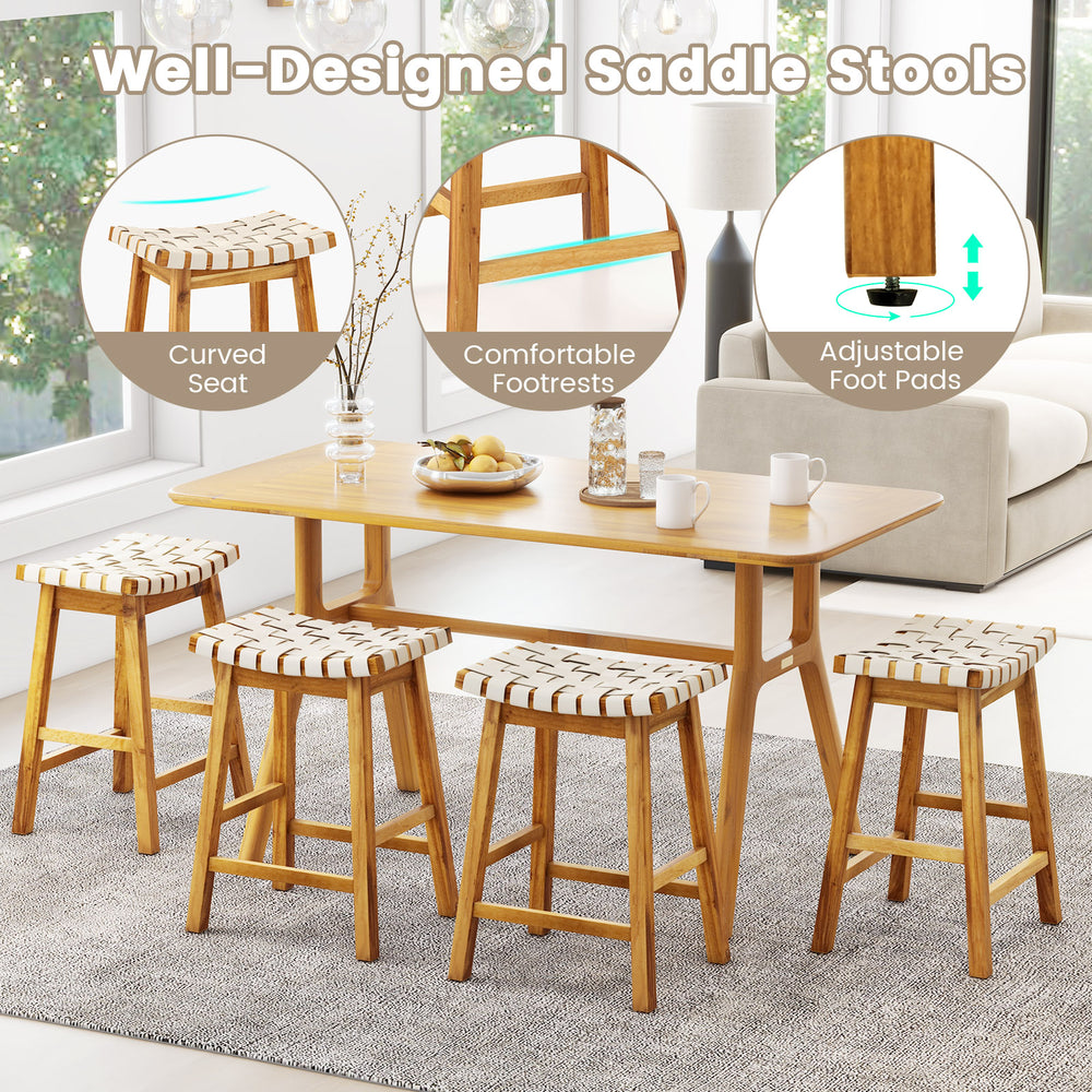 Set of 2 faux PU leather bar stools with woven curved seats, acacia wood frame, ideal for dining or kitchen use.