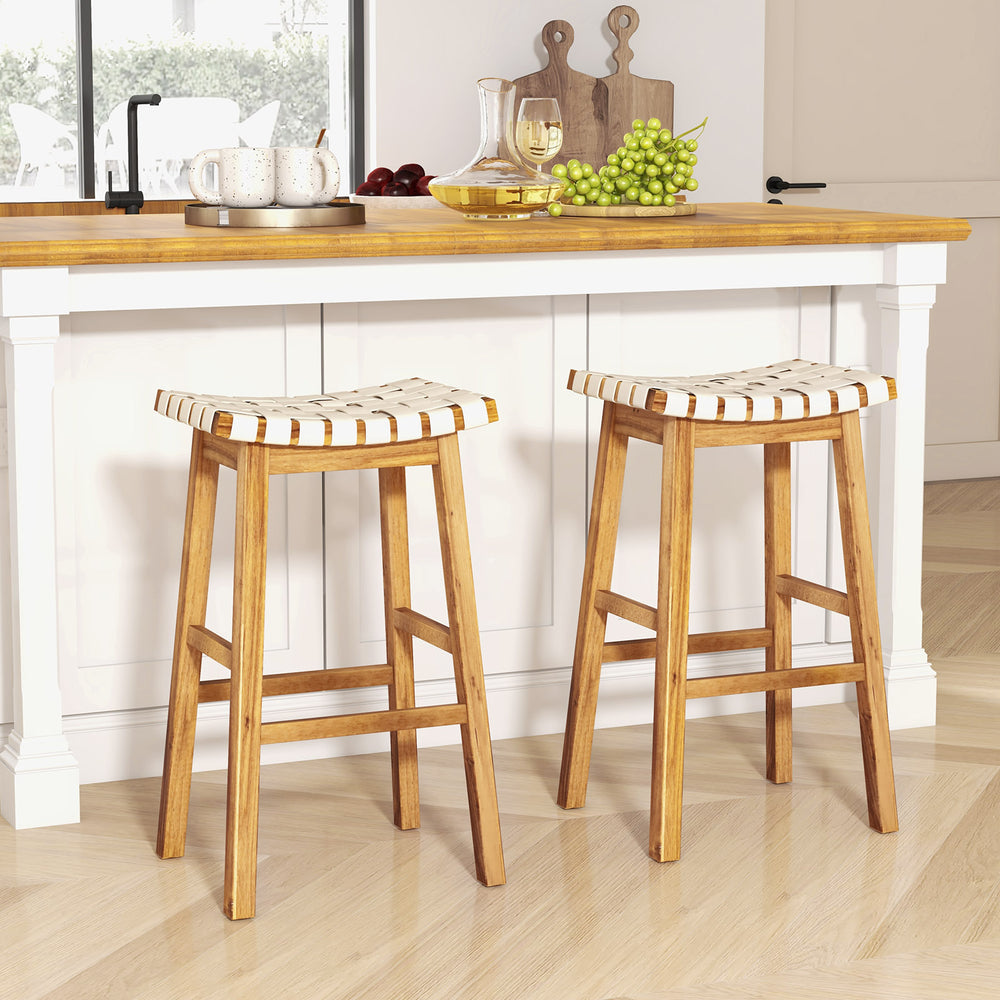 Faux PU Leather Bar Stools Set of 2 with Woven Curved Seat Natural-31 inches - Gallery View 1 of 8