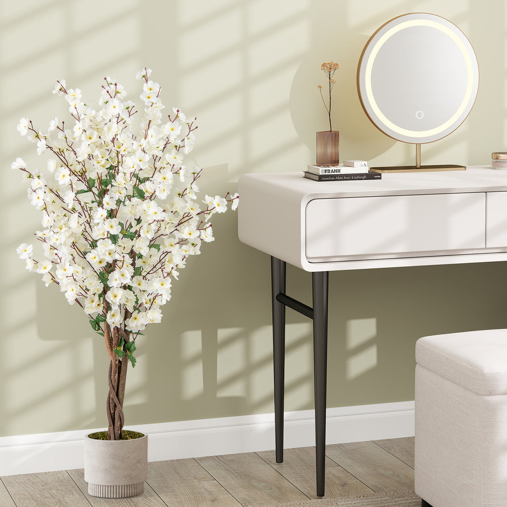 Faux plum blossom plant with dense white fabric flowers and solid wood trunk, enhancing elegance in any office or.