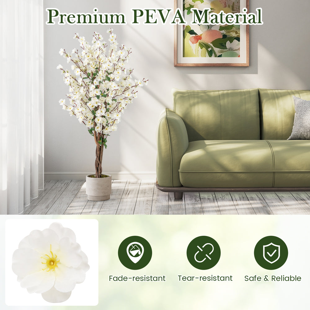 Faux plum blossom plant with white fabric flowers and solid wood trunk, perfect for elegant home decor without.