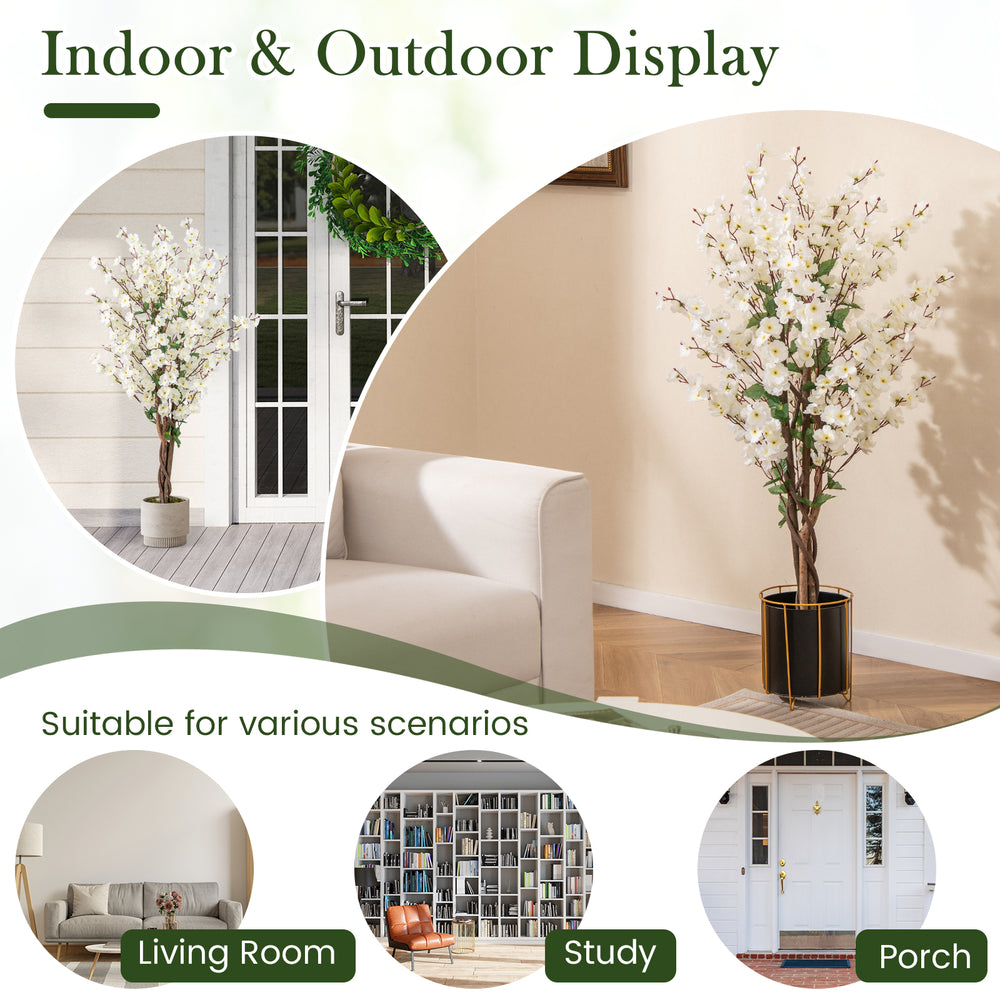 Faux plum blossom plant with white fabric flowers and solid wood trunk, perfect for indoor and outdoor display.
