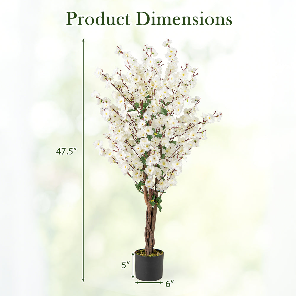 Faux plum blossom plant with white fabric flowers, 47.5" tall, perfect for adding elegance to living rooms or offices.