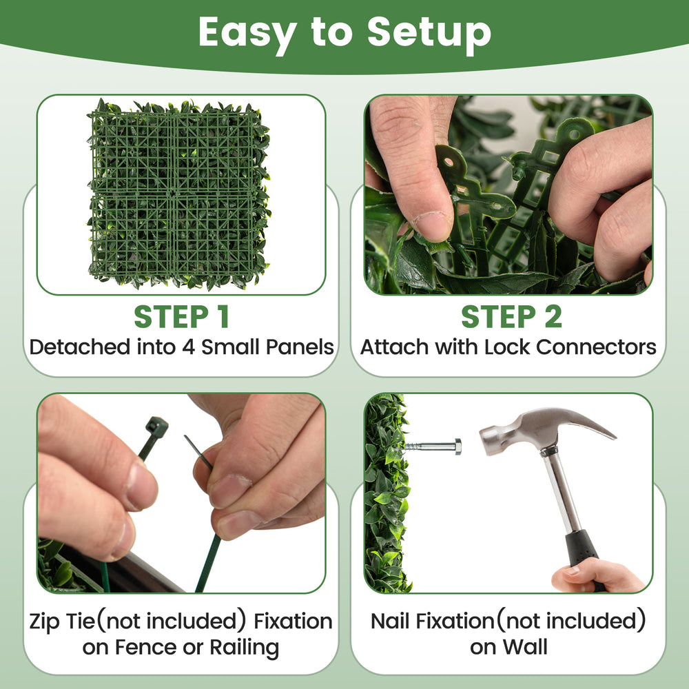 Step-by-step setup guide for 20 x 20 inch artificial topiary gardenia shrub grass panels with lock connectors.