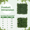 Product dimensions chart for 12 pieces of 20 x 20 inch artificial topiary gardenia shrub grass panels, showing coverage.