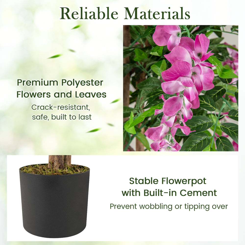 Faux wisteria plant with rose red flowers in a stable flowerpot, perfect for home or office decoration.