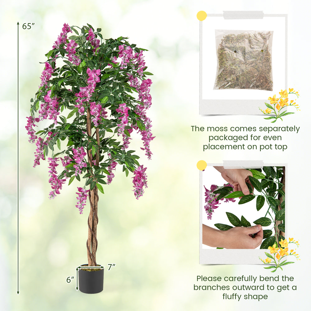 Faux wisteria plant with rose red flowers, 5.5 FT tall, in nursery pot, perfect for home or office decoration.