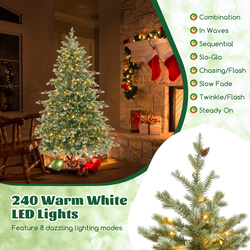 6-foot Christmas tree with 240 warm white LED lights and pine cones, featuring 8 lighting modes for festive decoration.