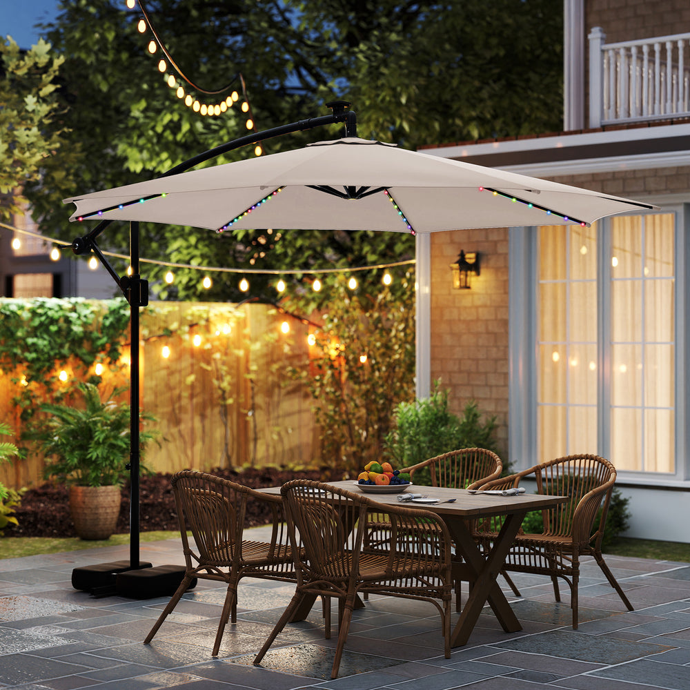 10 Feet Solar Offset Hanging Umbrella with Base and LED Lights-Beige - Gallery View 1 of 10