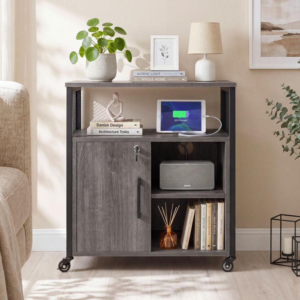 File Cabinet on Wheels with Charging Station and Cable Management Hole-Gray - Gallery View 1 of 10