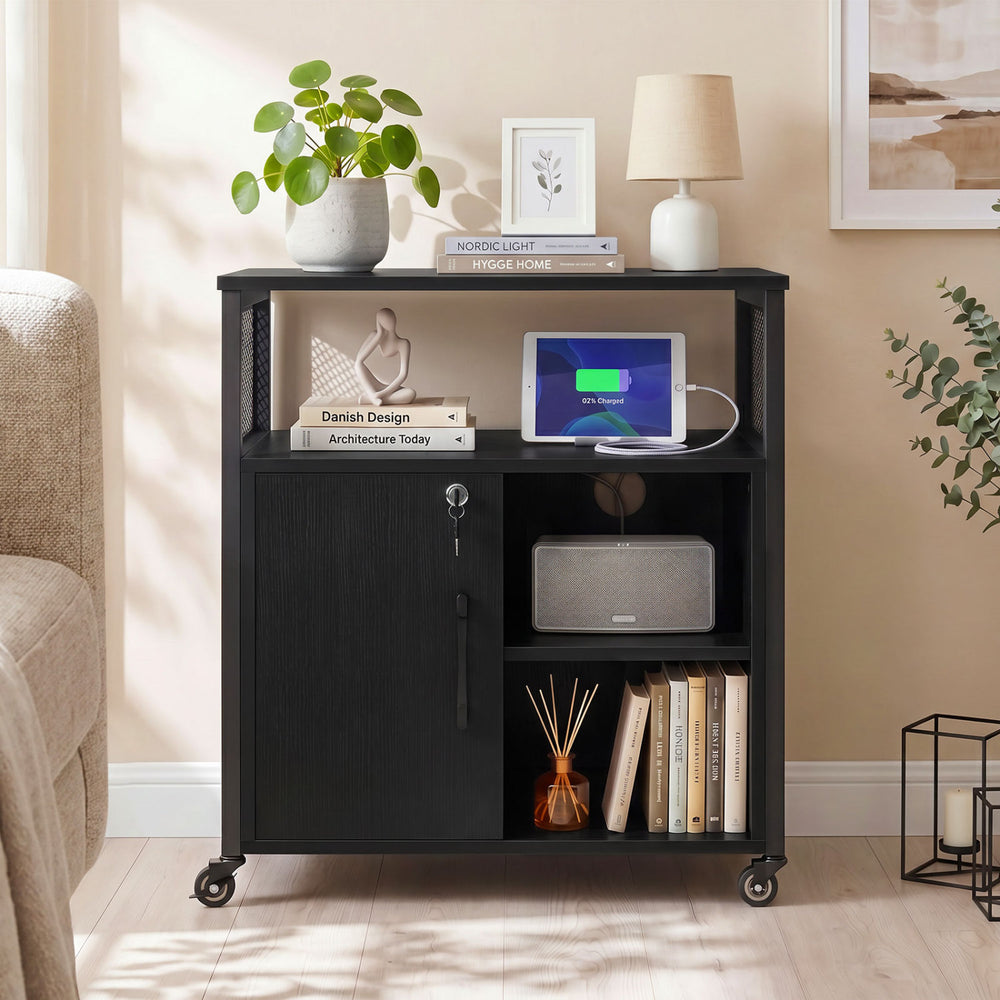 File cabinet on wheels in black showcasing four swivel wheels and a spacious open shelf for convenient organization.