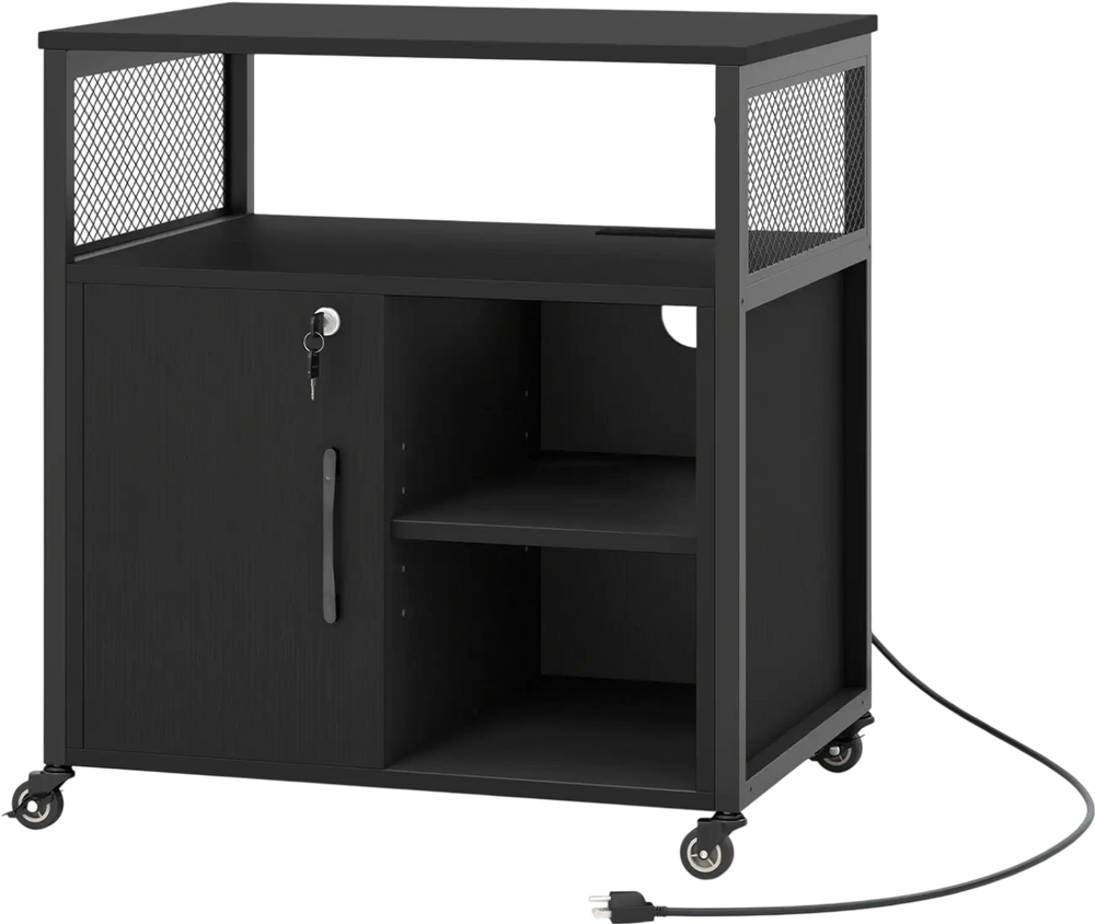 File cabinet on wheels in black with charging station, lockable cabinet, and adjustable shelves for versatile storage.