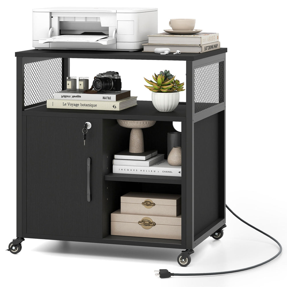 File cabinet on wheels in black featuring four swivel wheels for easy mobility and a lockable side cabinet for secure.